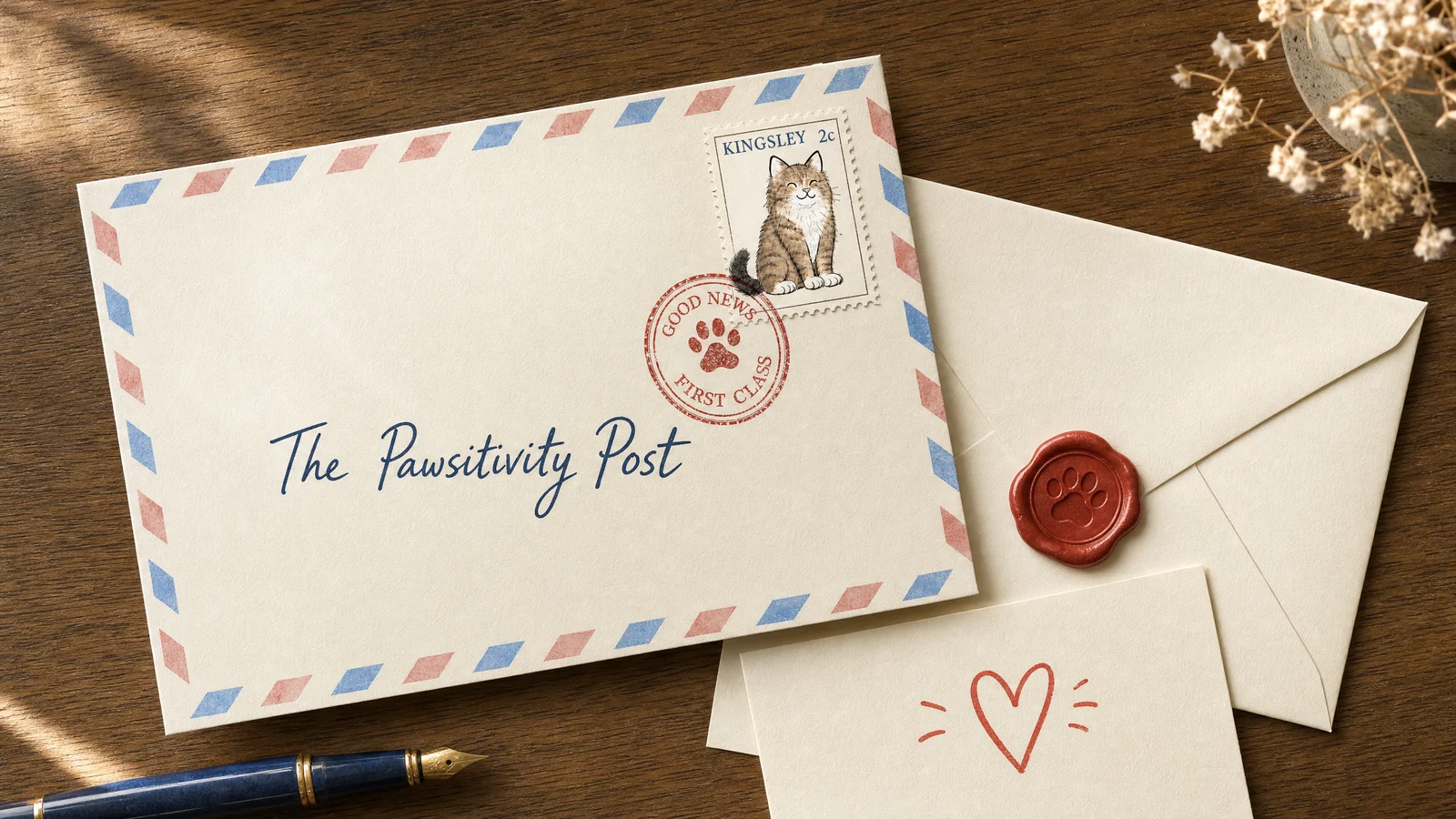 The Pawsitivity Post airmail envelope - Kingsley two-cent stamp, GOOD NEWS FIRST CLASS postmark, and a red wax paw seal