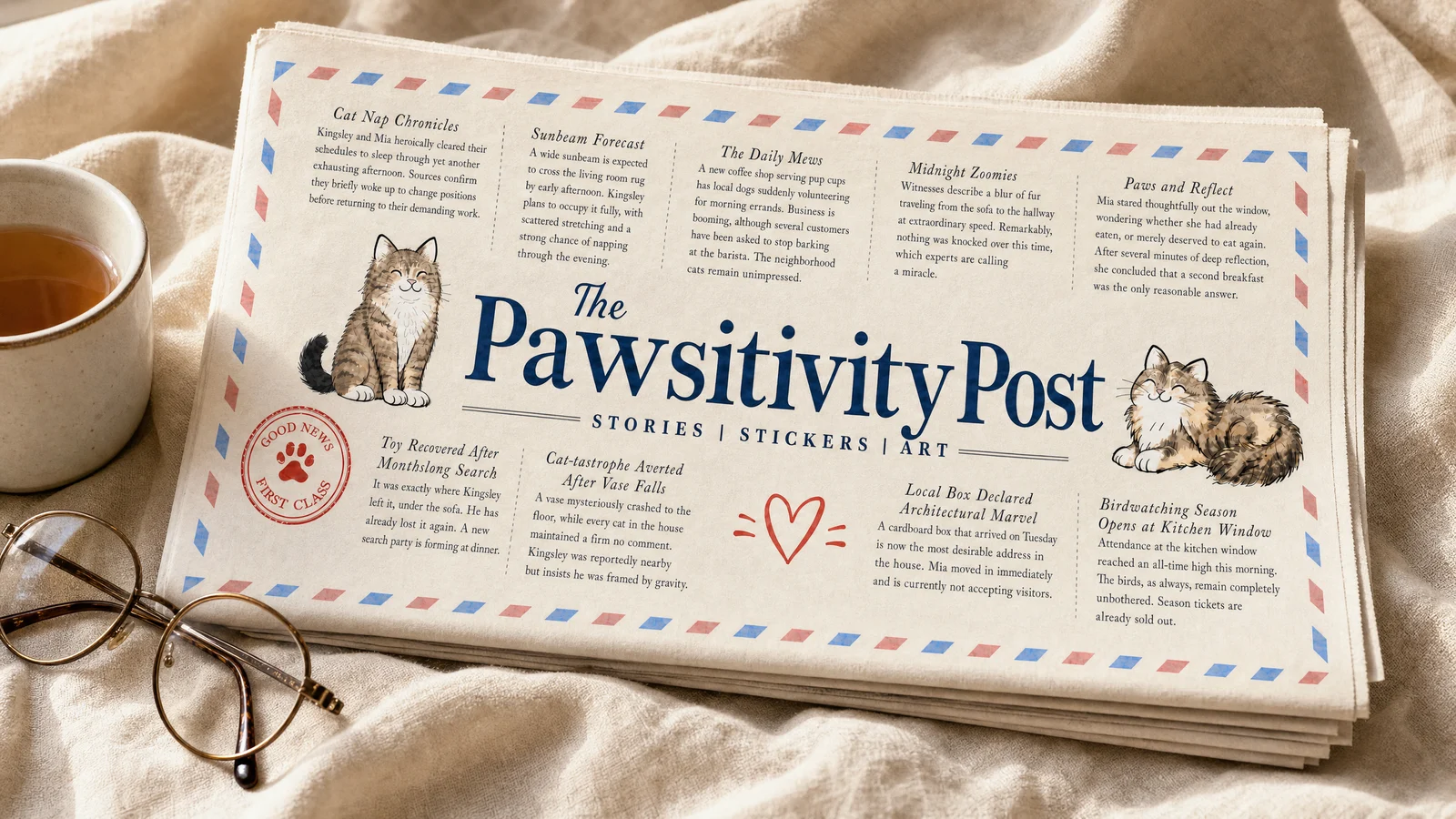 The Pawsitivity Post - the good-news front page with its airmail border, resting beside a cup of tea