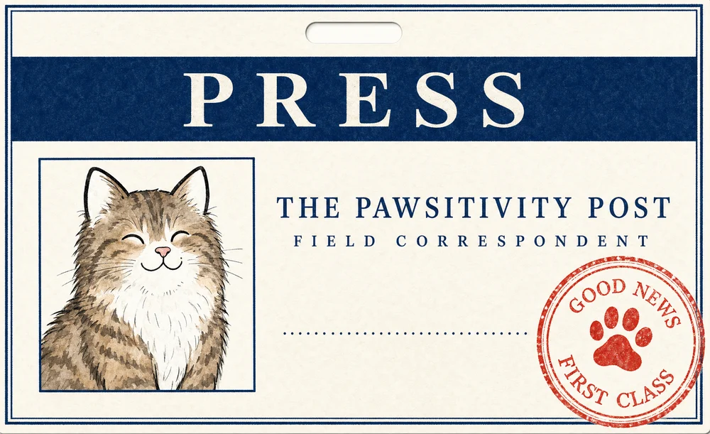 Press badge: The Pawsitivity Post, field correspondent - photo of a very fluffy tabby