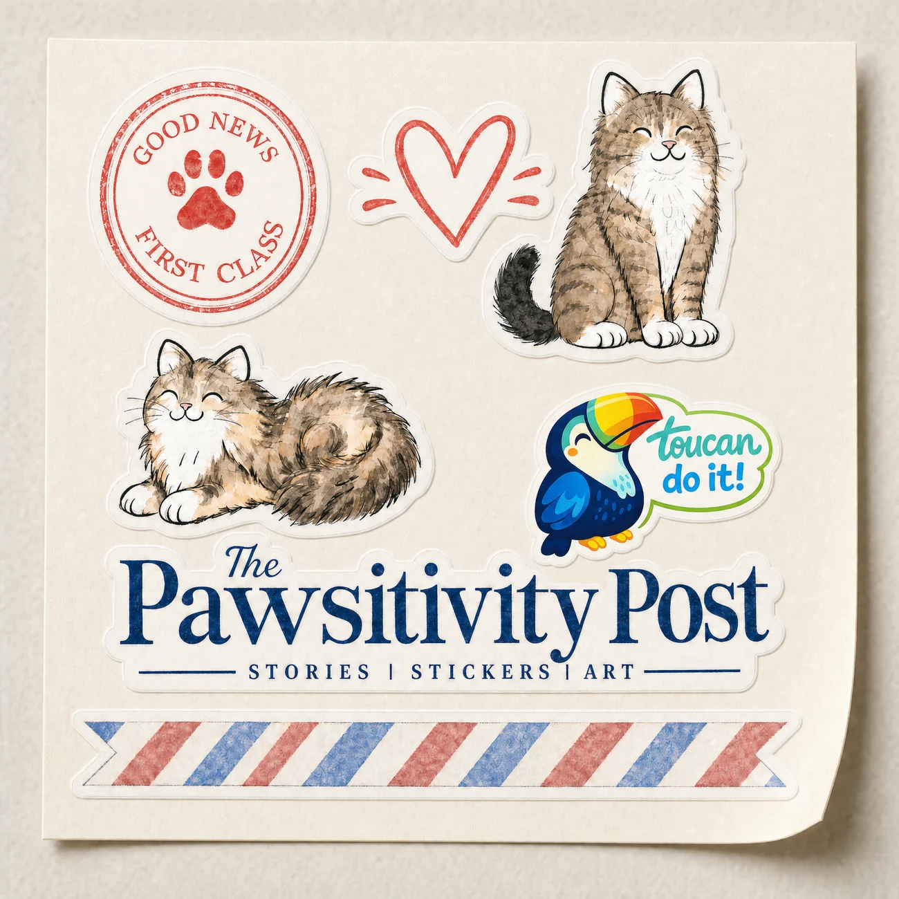 A Pawsitivity Post sticker sheet - the postmark, the scribble heart, Kingsley, Mia, a 'toucan do it!' toucan and the nameplate